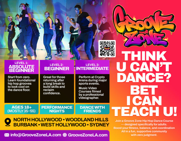 Flyer for Groove Zone Los Angeles and all we offer. Hip Hop dance courses for adult beginner and beyond