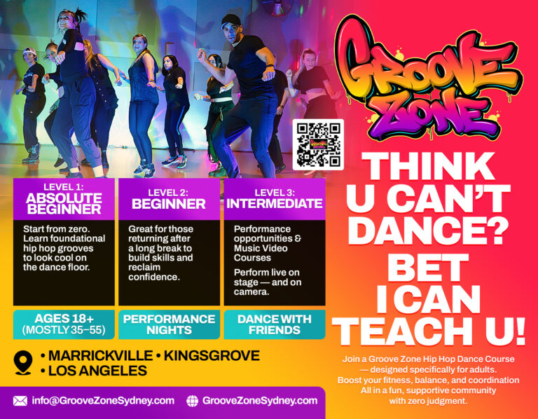 Flyer for Groove Zone Sydney and all we offer. Hip Hop dance courses for adult beginner and beyond