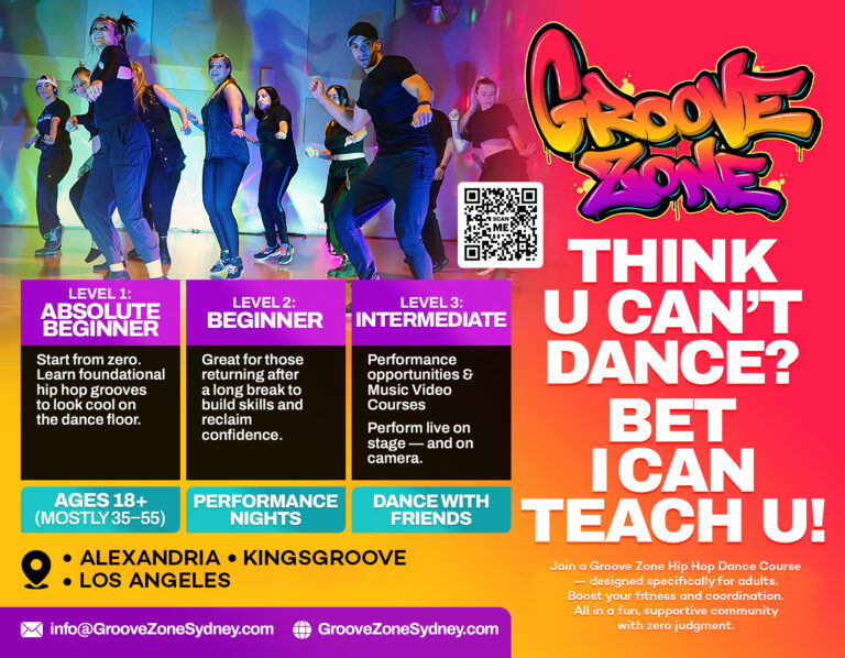 Flyer for Groove Zone Sydney and all we offer. Hip Hop dance courses for adult beginner and beyond